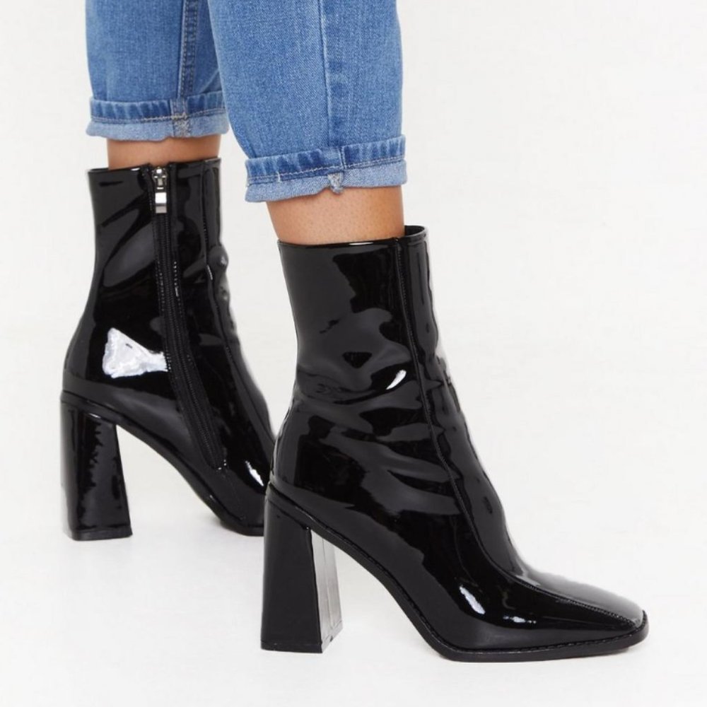Nasty Gal Patent Square Toe Flare Heel Boots